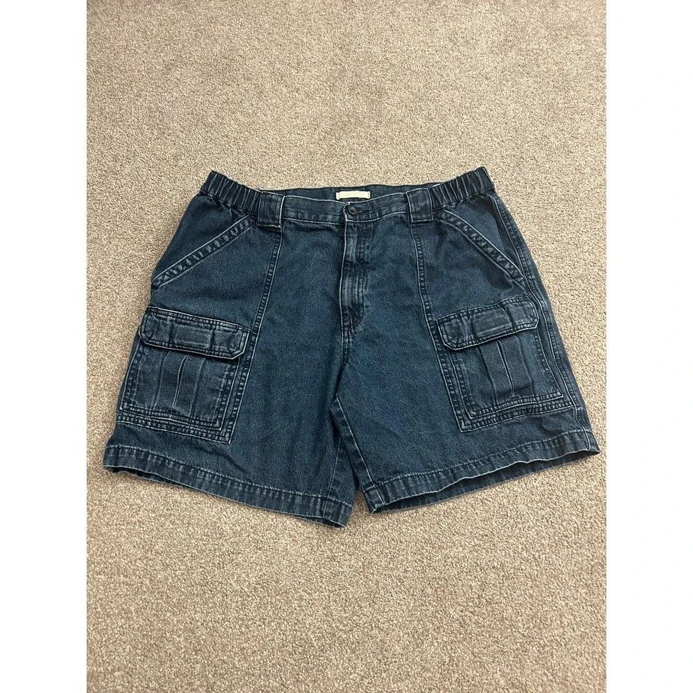 VTG Savane Cargo Shorts Mens 38 Dark Blue Denim Excellent Elastic Waist Utility